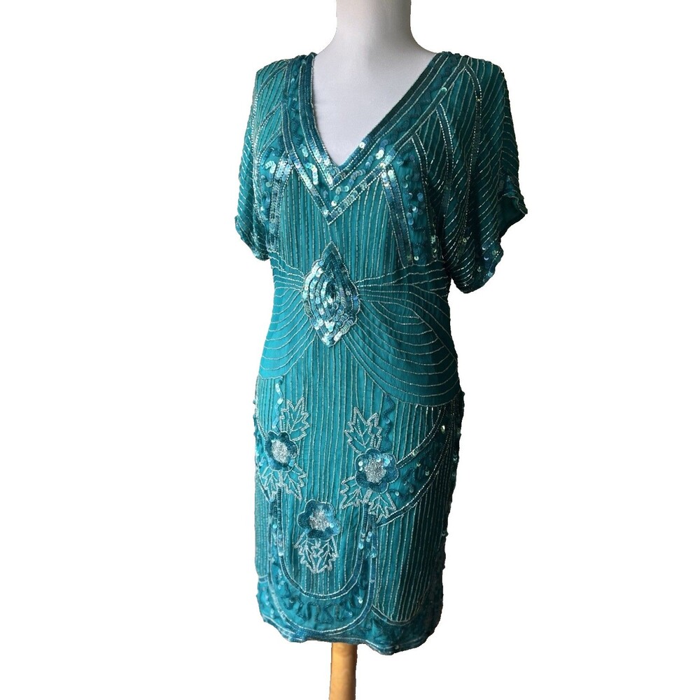 Stenay Beaded Sequin Teal Silk Dress Women's Size 3 Art Deco